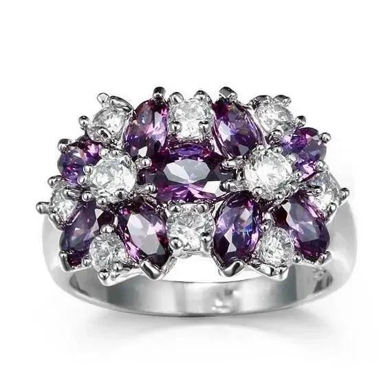 2025 New Purple Cubic Zirconia Ring with Sparkling Square Crystal, High End Women's Personalized Fashion Cocktail Party Zircon