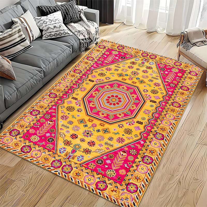 Bohemian Style Carpet with Geometric Floral Pattern in Yellow & Red Suitable for use as an anti-slip for living room bedroom sofas