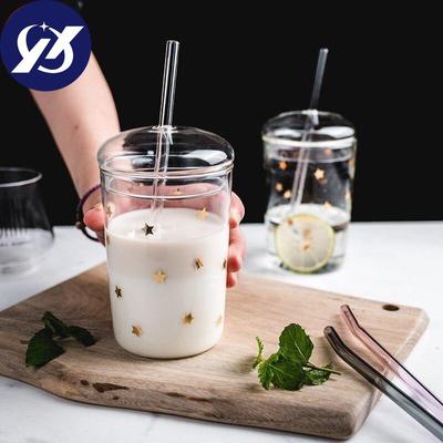 Hitzebeständige Glas-Büro-Teetasse, kreative transparente Kaffeetasse mit Deckel und Strohhalm, Haushaltsmilch-Saft-Tasse, Reise-Trinkgeschirr