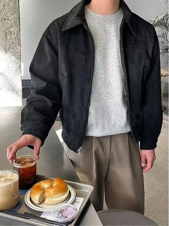 Korean Men’s Suede Bomber Jacket - Autumn/Winter, Loose Fit, Lapel, Zipper, American & Hong Kong Style