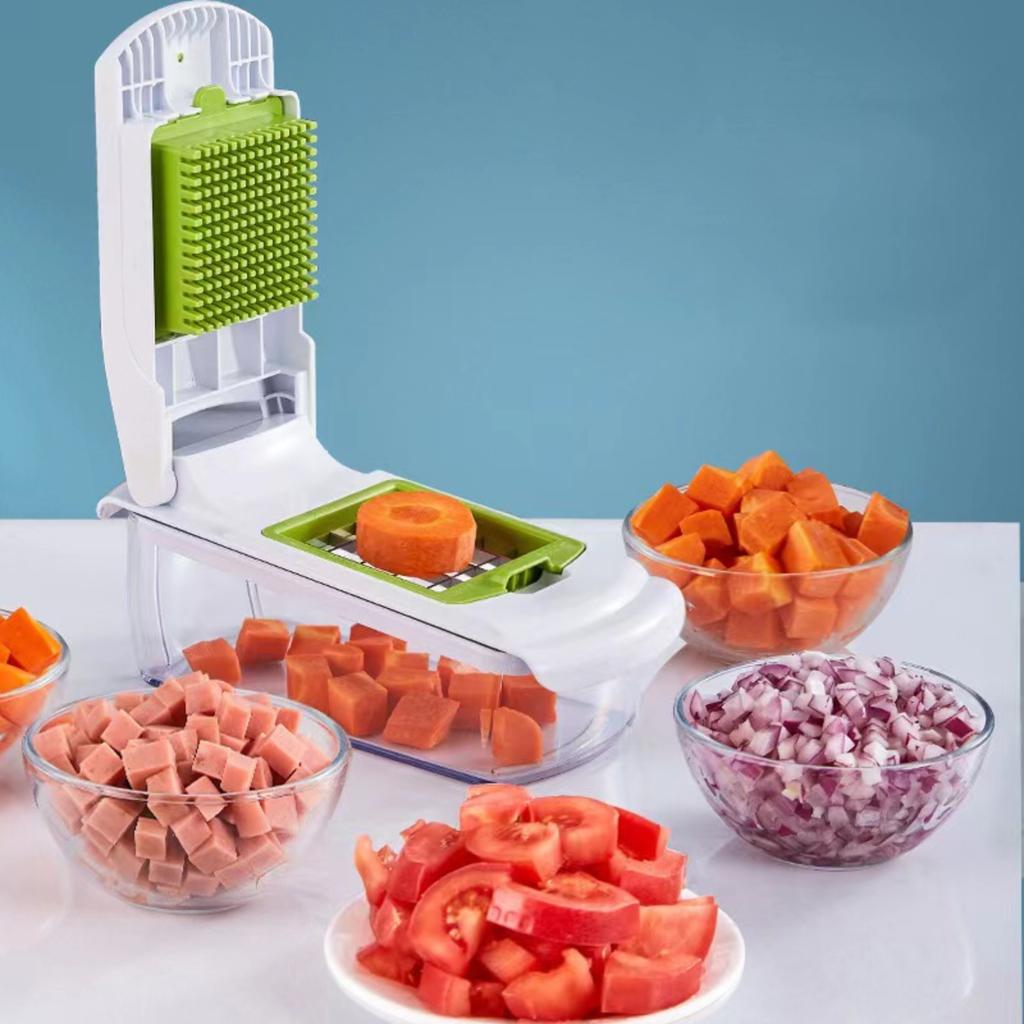 18-teiliges multifunktionales Gemüseschneider-Raspel-Küchenwürfler-Kartoffelreibe mit Raspel-, Schneidkeilen, Blumenformen, Hacken