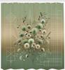 Sage Green Shower Curtain, Modern Japanese Floral Huddle With Geometric Lines On Blurry Effect Back, Cloth Fabric Bath