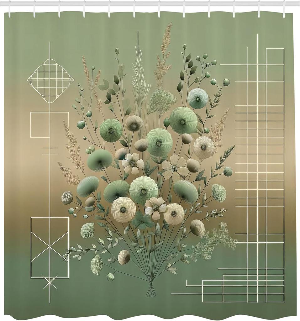 Sage Green Shower Curtain, Modern Japanese Floral Huddle With Geometric Lines On Blurry Effect Back, Cloth Fabric Bath