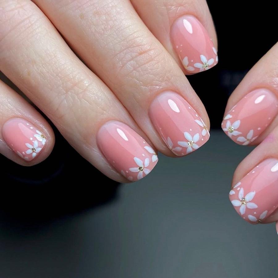 24Pz Unghie Finte Francesi a Quadretti Bianchi e Fiori Quadrati Corti Press On Copertura Totale Semplici da Indossare