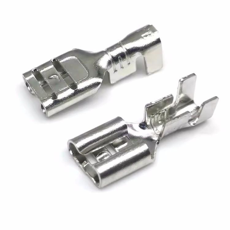 6.3mm Thickened Copper Spade Terminal, Cold Crimp Female Connector, 0.4/0.5mm Plug-in/Pull-out, 0.3mm Thickness.