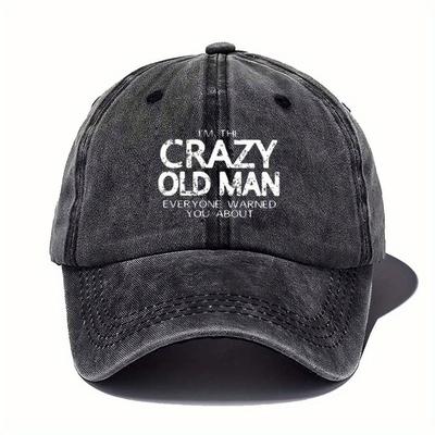 Vintage Baseball Cap with In the Crazy Old for Man Text Adjustable Lightweight Sun Protection Black with White Lettering