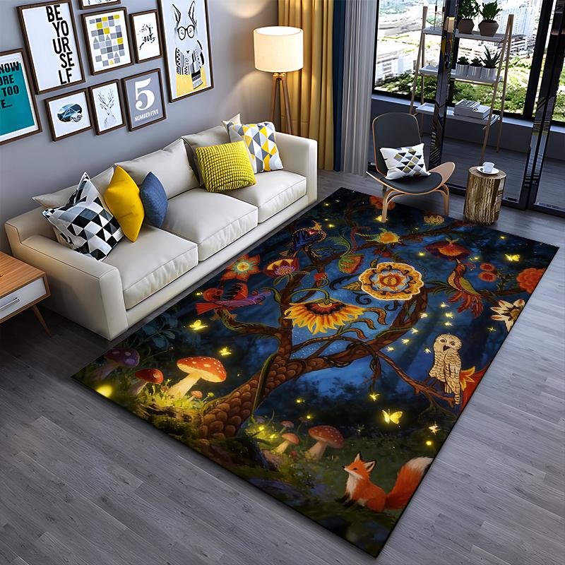 Whimsical Tree Carpet with Fox, Owl, Mushrooms, and Night Lights Suitable for use as an anti-slip for living room bedroom sofas 40x60cm( 15x23in )