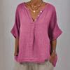 Cotton Linen Women Shirt V-Neck Buttons Half Placket Half Sleeve Breathable Loose Fit Tops Daily Wear