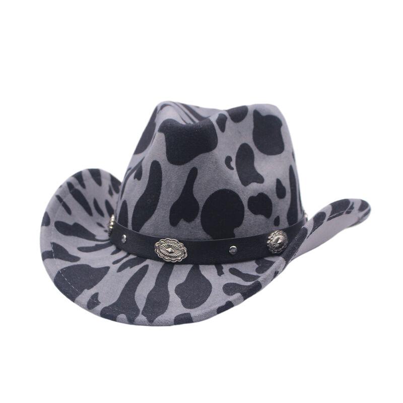 Autumn and winter British style cow pattern woolen jazz top hat men and women European and American big eaves hat fashion belt upturned hat