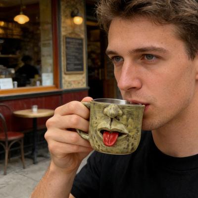 Klasický hrnek s třesoucím se jazykem s nerezovou vnitřní stěnou Keramický hrnek na kávu a čaj Kreativní vtipný design obličeje Nápojové nádobí Jedinečný vtipný dárek