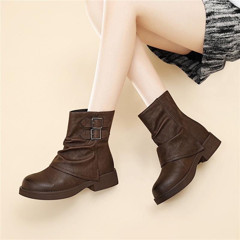 Autumn and winter new piled boots, trouser boots, soft leather thick-soled Martin boots, versatile brown short boots, cotton shoes