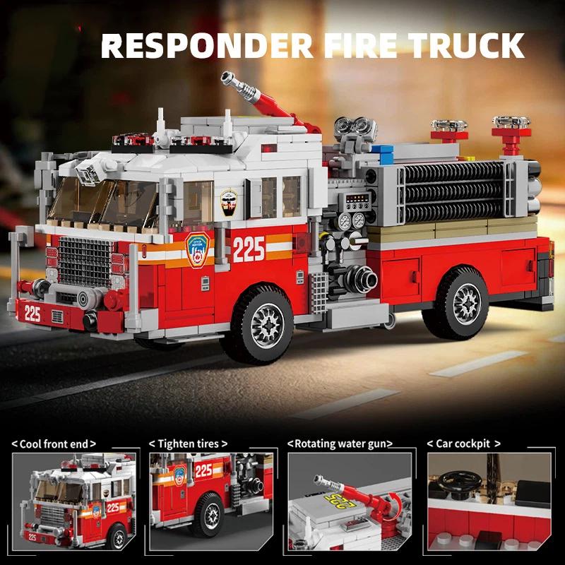 City Technical American Fire Truck Car Model Building Blocks MOC Assemble Vehicles Bricks DIY Educational Toys for Birthday Gift