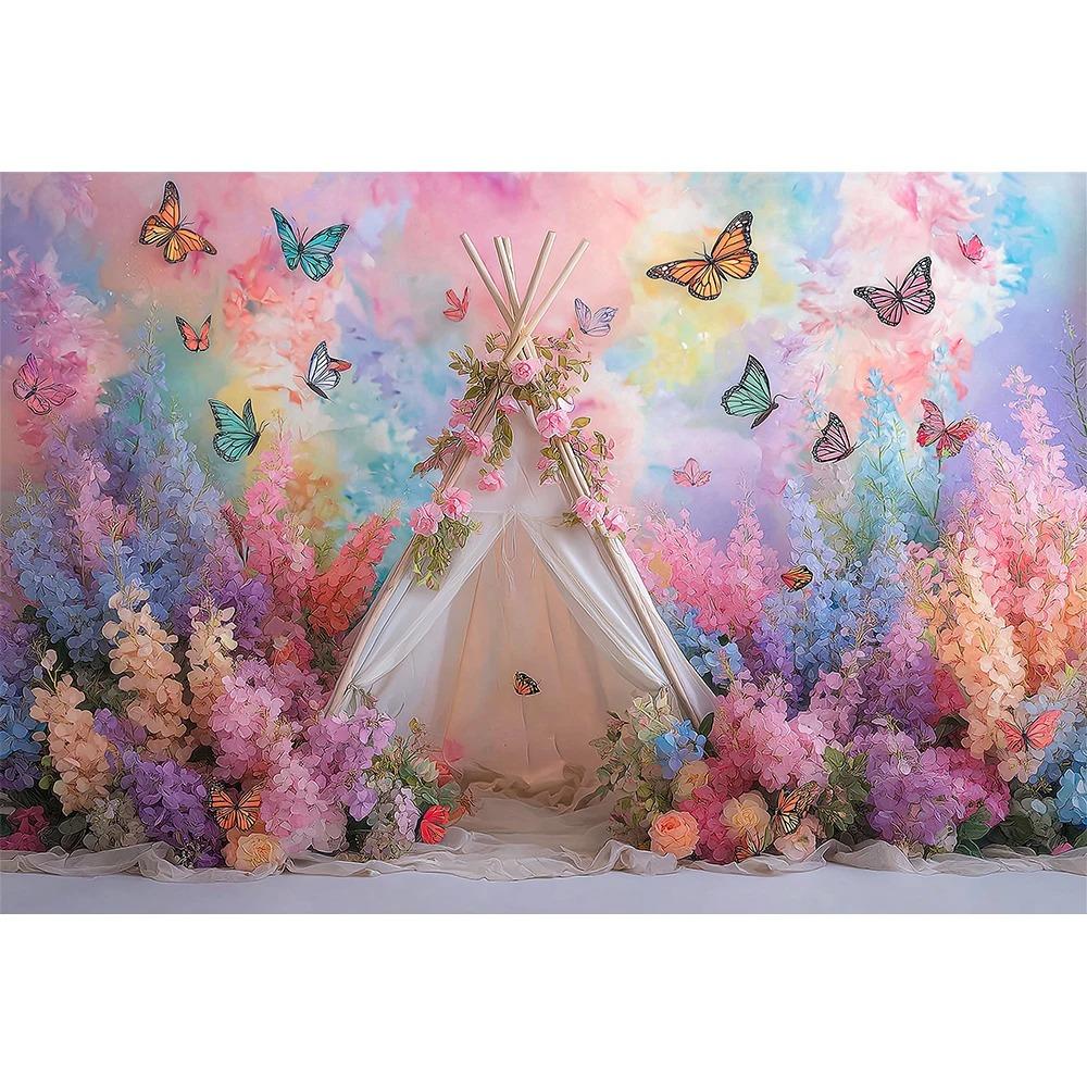 Watercolor flower and butterfly themed banner photography background children birthday party decoration photography background