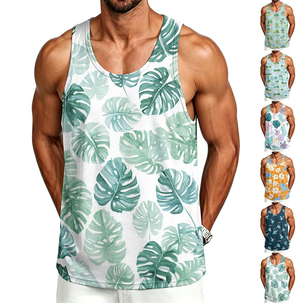 Men's Casual Hawaiian Print Outdoor Sports Tank Top Sleeveless Round Neck Summer Beachwear Lightweight Breathable Fabric