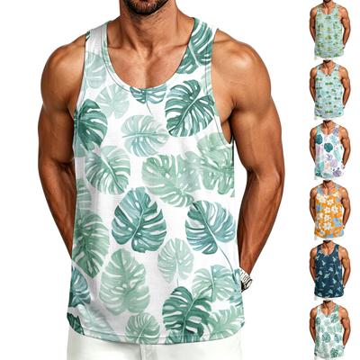 Men's Casual Hawaiian Print Outdoor Sports Tank Top Sleeveless Round Neck Summer Beachwear Lightweight Breathable Fabric