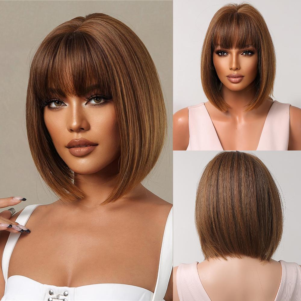 Dark Brown Short Bob Synthetic Hair Wigs with Bangs Straight Cosplay Lolita Natural Wig for Women Afro Blunt Cut Heat Resistant