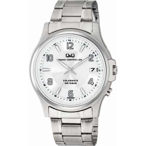 

Citizen Q&Q Men s Analog Watch, Radio-Controlled, Solar Powered, Waterproof, Date Display, Metal Band, White Dial, Silver, HG18-204