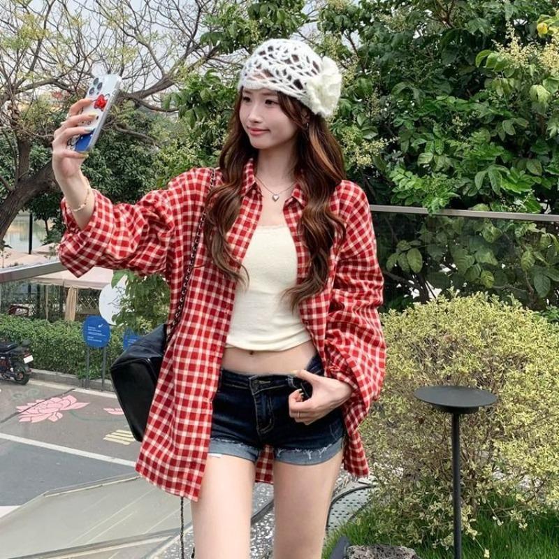 Spring Autumn Women's Shirt Polo Collar Outerwear Elegant Office Blouse Retro Red Plaid Casual Long Sleeve Lazy Style Top