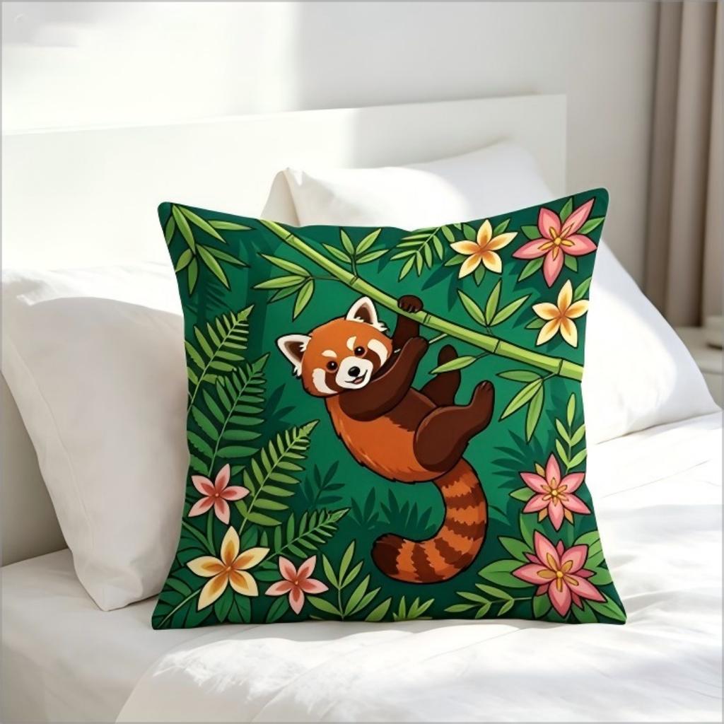 Cute Red Panda Throw Pillow Cover Tropical Jungle Floral Bamboo Print Cushion Case For Kids Room Decor