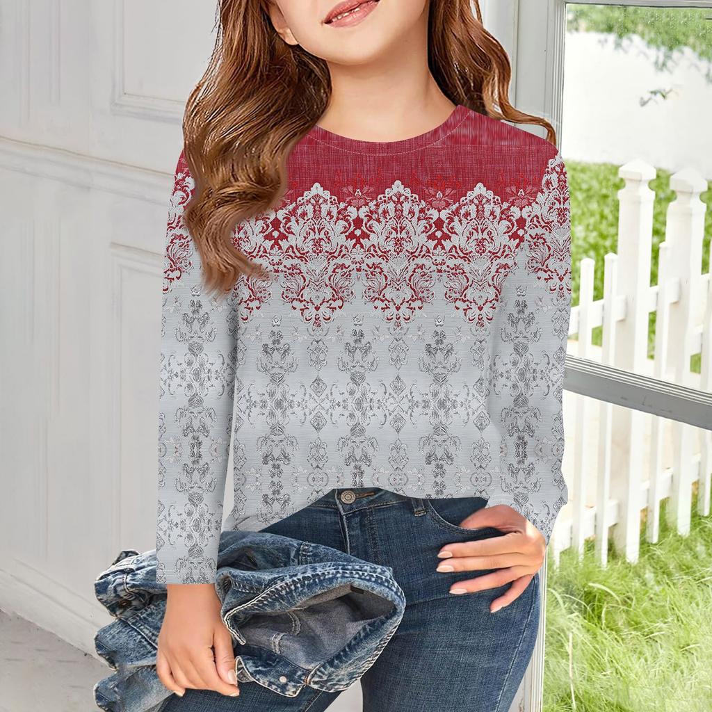 Dívčí trička s dlouhým rukávem Dětské podzimní topy Kulatý výstřih Potištěná základní trička 5-14L