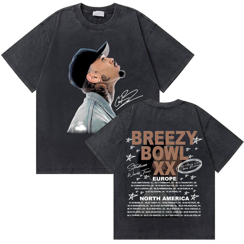 Washed Rapper Chris Brown Breezy Bowl XX World Tour Tshirts Men Women Hip Hop Retro Tshirt Mens Fashion Trend Streetwear