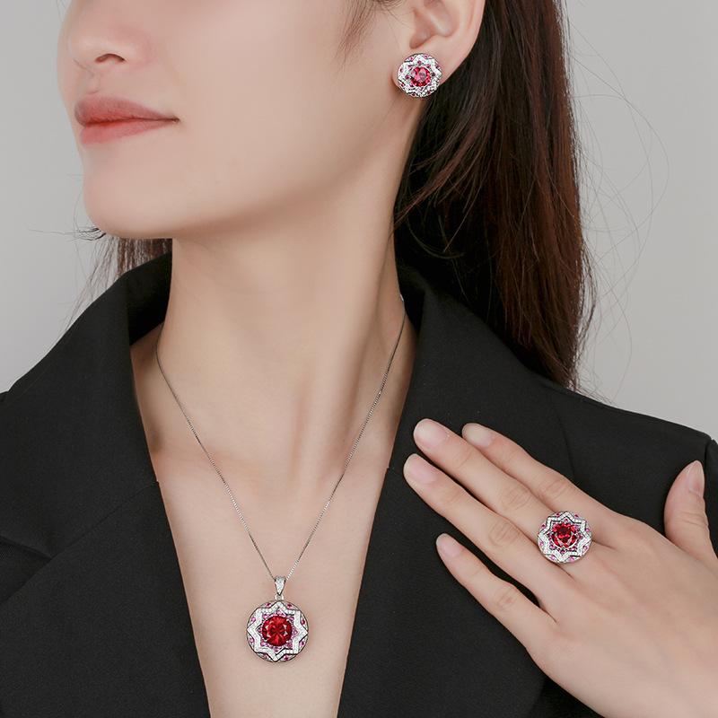 Jewelry Copper Bottom Gold-Plated Simulation Red Corundum Round Temperament Light Luxury Women 10-8Mm