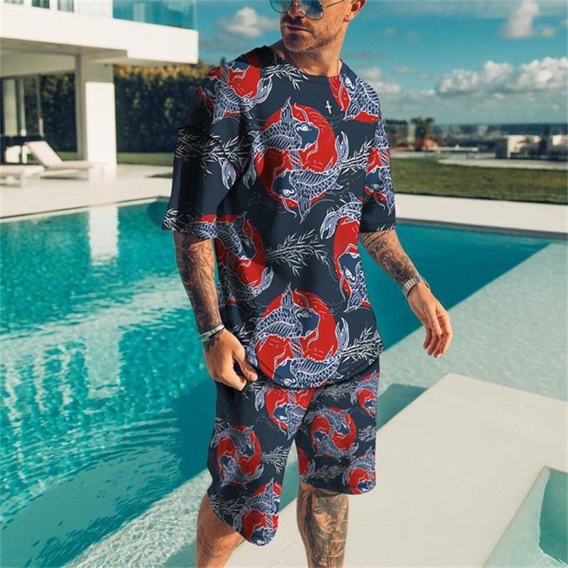 

Summer Men s Suit Fashion Casual Vacation 3D Printed Sportswear Short-sleeved Suit Oversized Round Neck T-shirt Shorts 2-piece XXS
