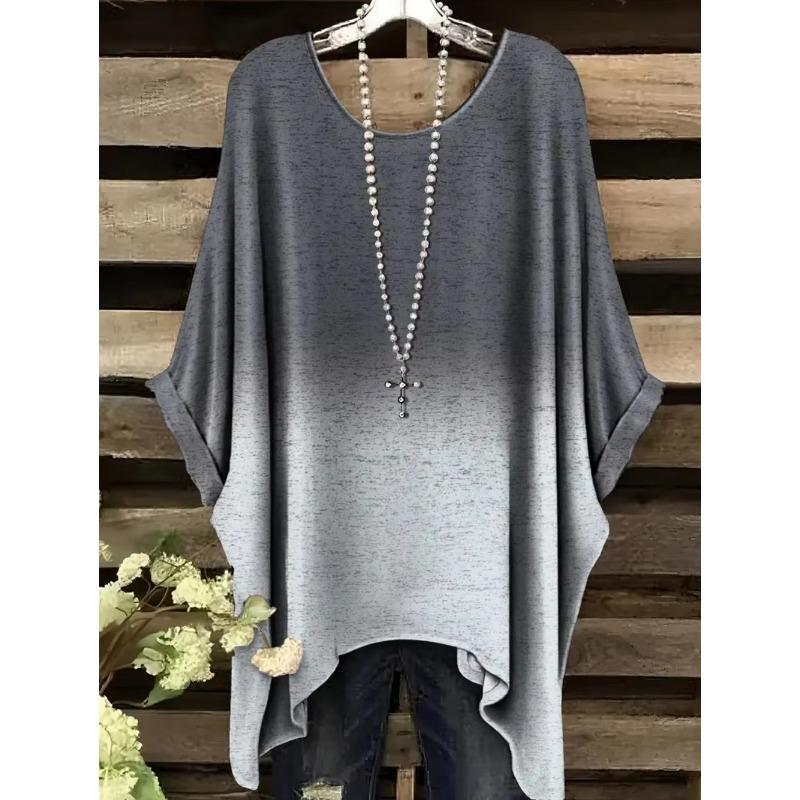 Vintage Women's T-Shirt Color Gradient Print Elegant Asymmetrical Hem O-Neck Short Sleeve Top Casual Fashion Street Outdoor Tops