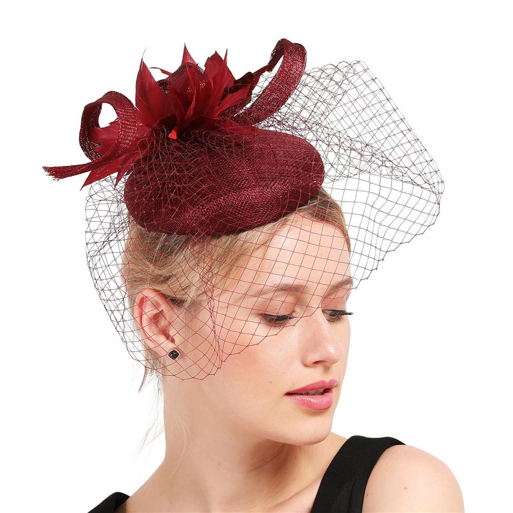 European And American Retro High-Quality Hemp Yarn Headgear Catwalk Bride Feather Hair Accessories Burgundy Top Hat