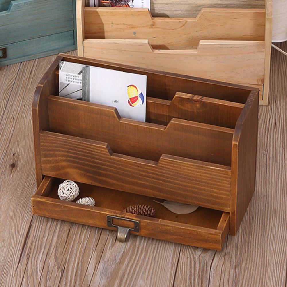 Vintage Light Brown Solid Wood Desktop Storage Box with Drawer Desk Organizer Distinctive Independent Document Souvenir Display