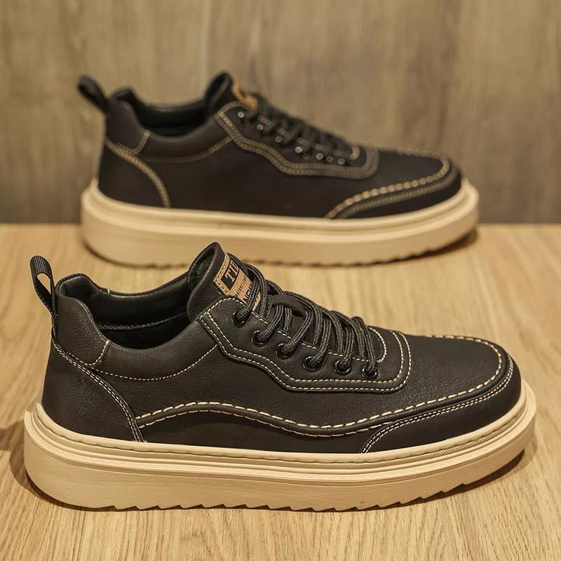 2025 Men's Trendy Casual Leather Sneakers - Breathable, Thick-Soled, Versatile Skate Shoes