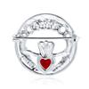 Traditional Irish Celtic Round Circle Claddach Brooch Red Heart Shape Made of Sterling Pin, CZ, .925 Silver.