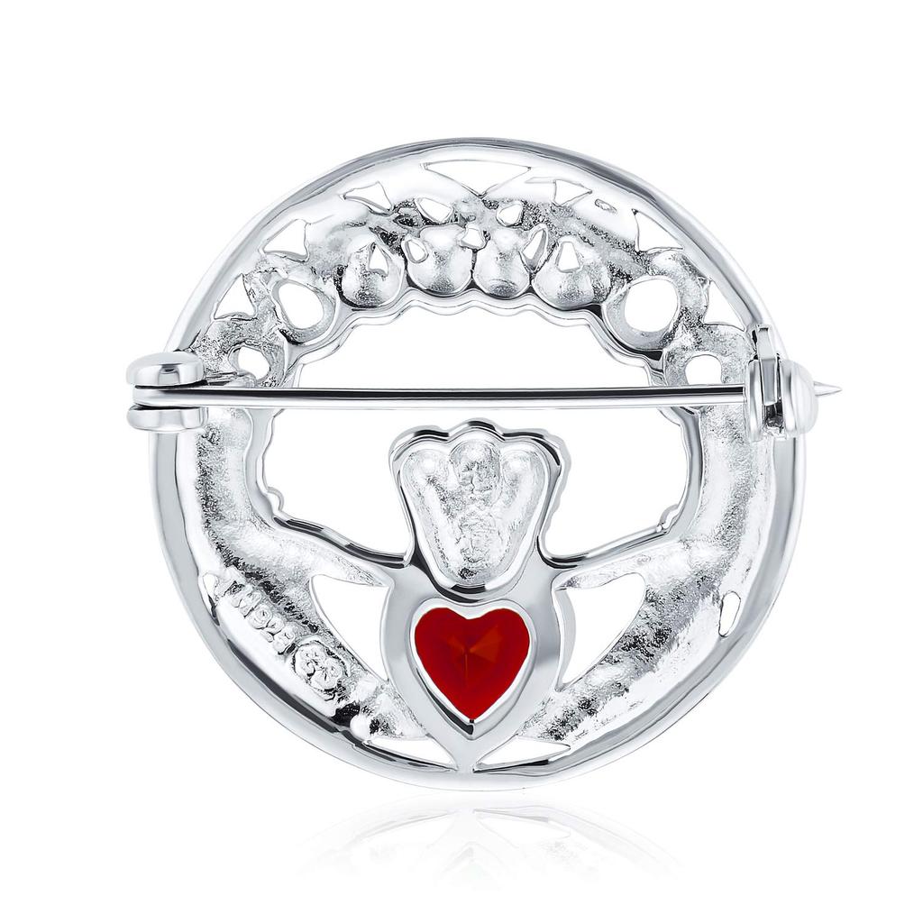 Traditional Irish Celtic Round Circle Claddach Brooch Red Heart Shape Made of Sterling Pin, CZ, .925 Silver.