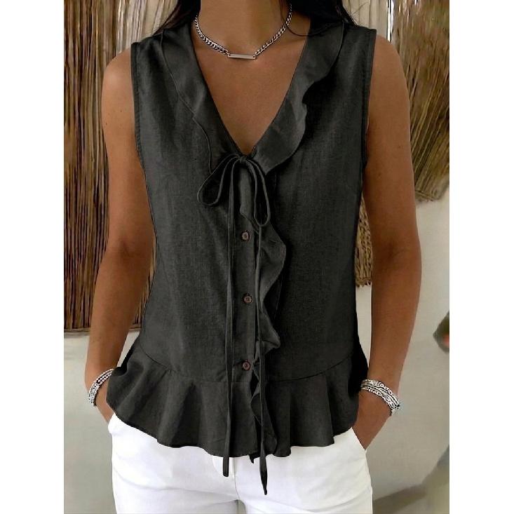 2026 Summer New V-neck Ruffle Trim Tie Sleeveless Top Women's Casual T-shirt