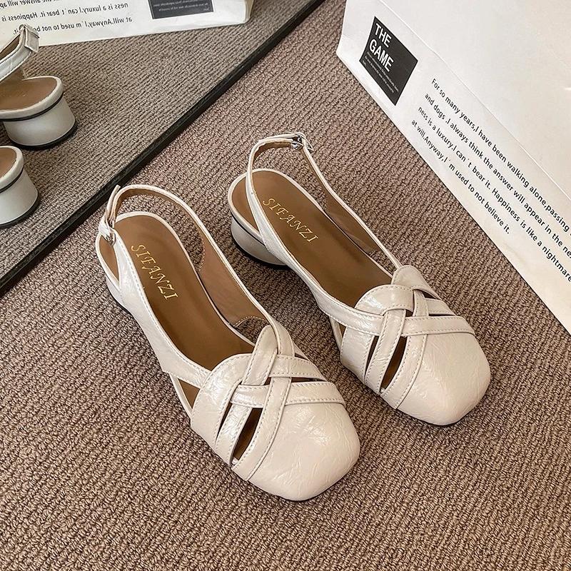 Fashion Hollow Single Shoes 2025 Spring and Summer New Medium and Chunky Heel Baotou Shallow Mouth Casual Women's Sandals