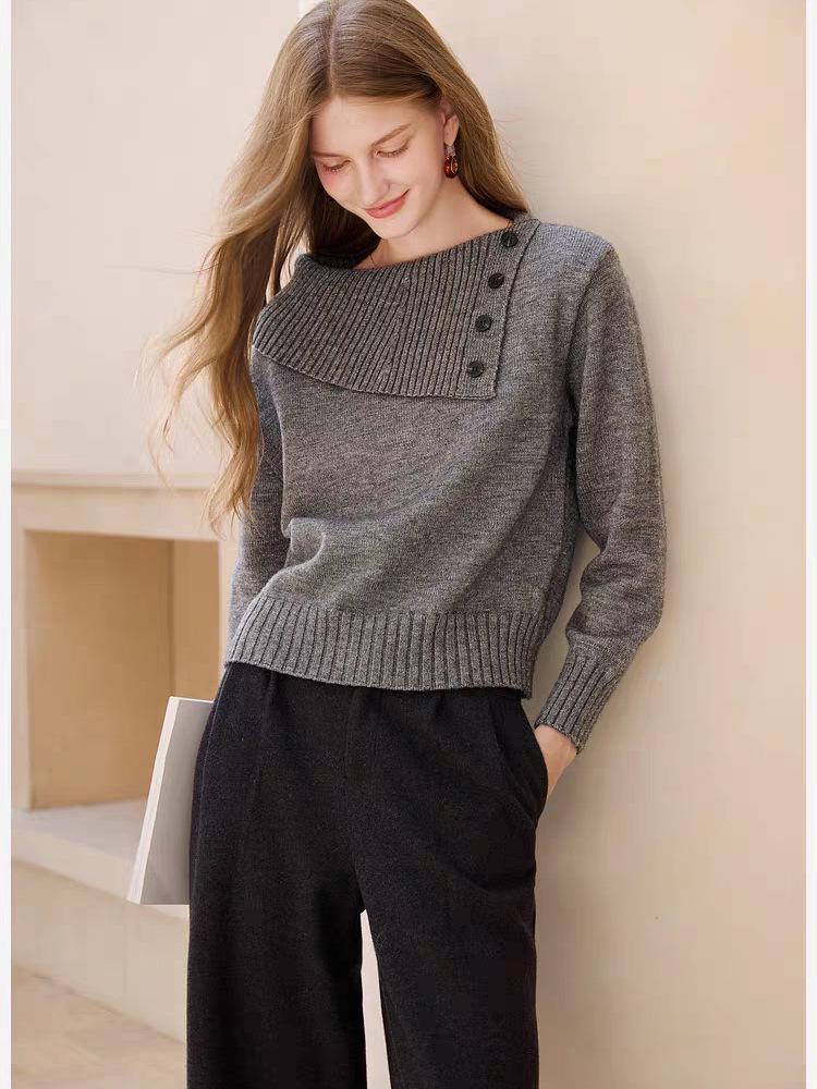 Women's 100% Pure Wool Asymmetrical Lapel Pullover Sweater - Thickened Knitwear for Autumn & Winter