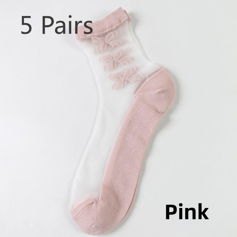 5 Pairs Fashion Transparent Socks Bow Floral Transparent Silk Socks Crystal Silk Socks for Women