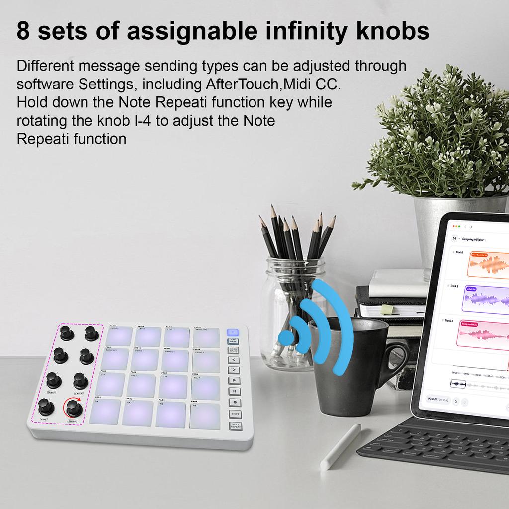 MIDI Controller Strike Pad RGB Backlight MIDI Keyboard BT Connection Low Latency 3.5mm Output Interface ith 16 Strike