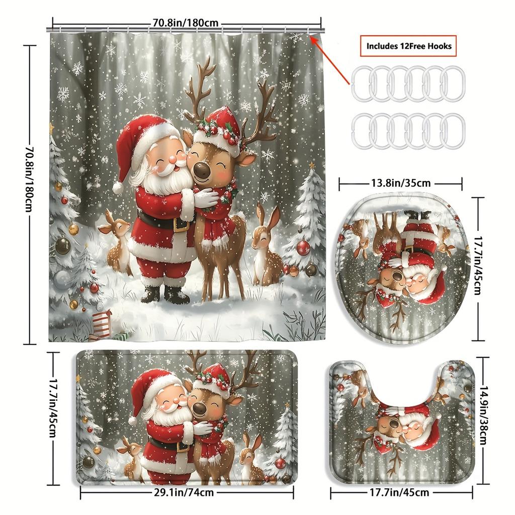 4-teiliges Badezimmer-Duschvorhang-Set Rot Weihnachten Weihnachtsmann Muster Badezimmer-Vorhang mit 12 Haken Rutschfeste Teppiche Toilettendeckelmatte Badezimmer-Trennwand