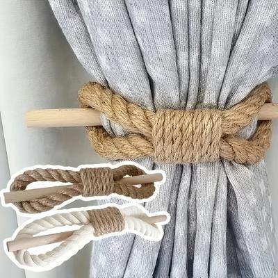 2pcs Boho Style Curtain Tiebacks, Rustic Solid Wooden Rods with Thick and Jute Rope, Simple Curtain Holdbacks for Bedroom & Living Room Decor