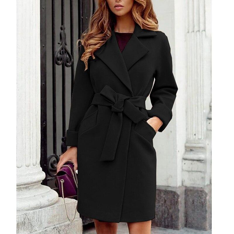 Women Autumn Winter Elegant Long Wool Coat with Belt Solid Color Long Sleeve Chic Outerwear Ladies Fashion Casual Overcoat