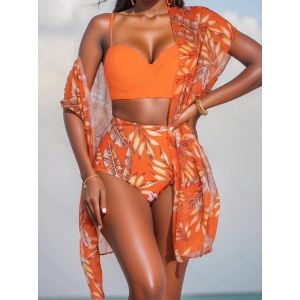 1 Set Badpak Bladprint Hoge Taille Mesh Jas Driehoek Slank Makende Bikini Badpak Dames Set