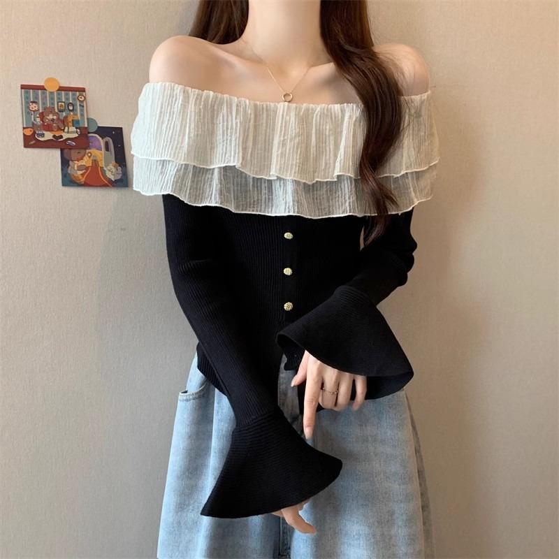 

Женская черная футболка с рукавами-фонариками и краем-лепестком лотоса на одно плечо, тонкий дизайн для ранней осени, короткий топ One size fits all [recommended 80-60kg] чёрный