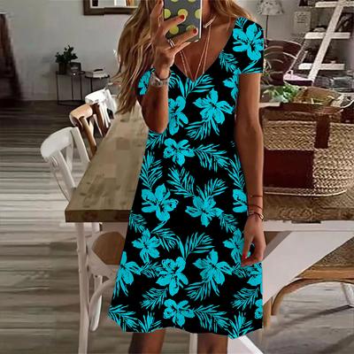 Sommermode Damen V-Ausschnitt Kurzarm Blumen bedrucktes Kleid Sex Kurzer Rock Kleider