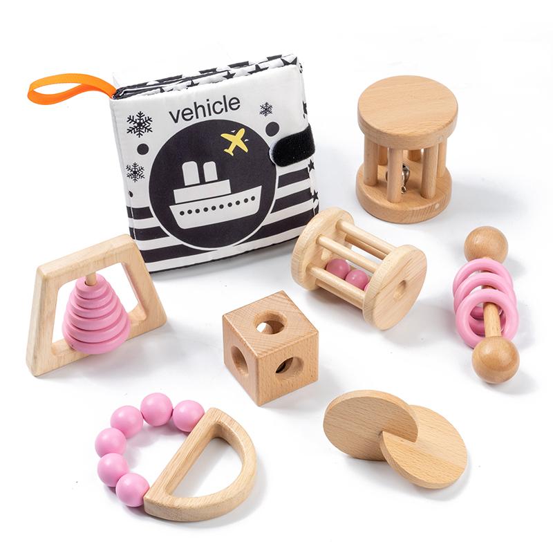 

Montessori Wooden Toys Colorful Baby Rattle Set Safe Food Grade Wood Rattle Soother Bracelet Set Toddler Toy Bell Gift рожевий
