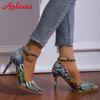 Fashion Aphixta 2024 Pearl Chain Pointed Toe 3.94 Inch Thin Heels Women Shoes Snake Prints Leather Pimp Leisure Party Super Big Size 46