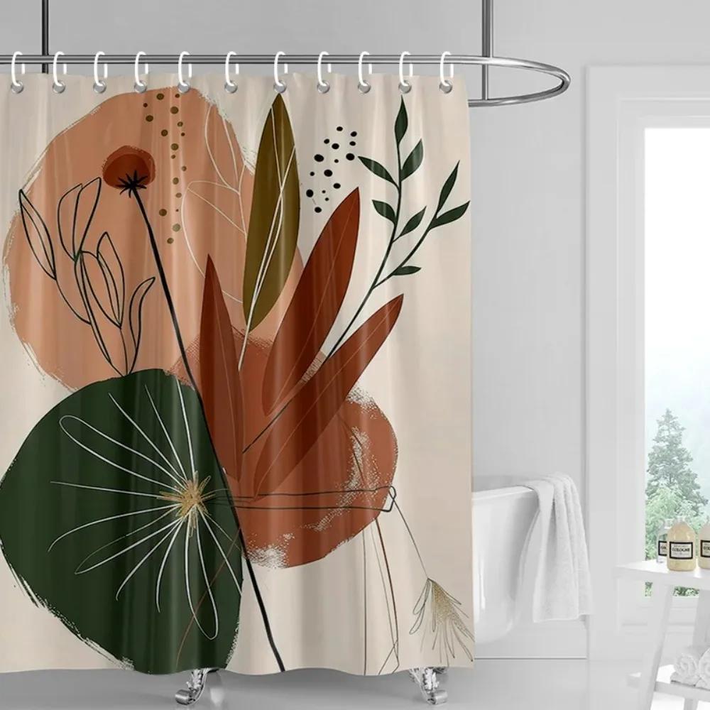 Nordic Style Bathroom Soft Fabric Shower Curtain Abstract Tropical Plant Art Pattern Waterproof Bathroom Decorative Curtain