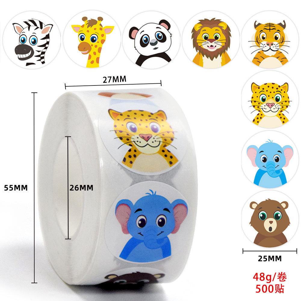 Animal Cartoon Stickers for Kids Roll 500 Pieces Round Shape 27mm Diameter Each Sticker Suitable for Scrapbooking and Decoration