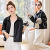 Women's Retro High-End Black Leather Jacket with Spliced Cuffs - Spring 2025 Collection (YB8859)