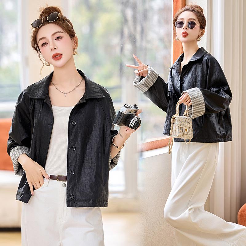 Women's Retro High-End Black Leather Jacket with Spliced Cuffs - Spring 2025 Collection (YB8859)